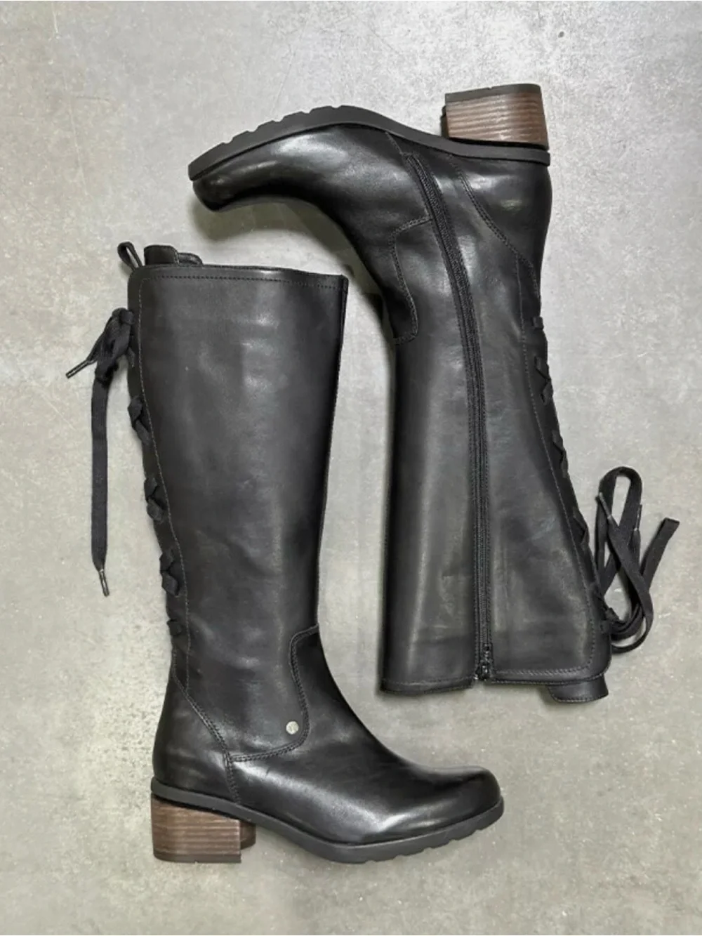 Wolky “Hayden” Women's Black Knee-High Lace-Back Block Heel Boots